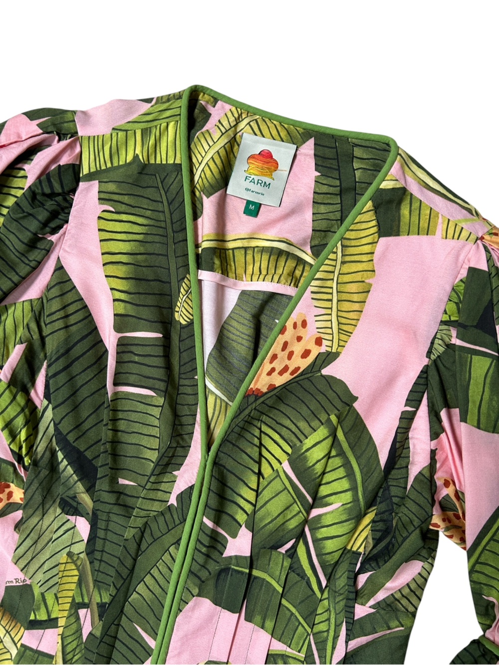FARM Rio Pink Tropical Banana Leaf Mini Dress Puff Sleeve V-Neck Size Medium - Picture 6 of 10